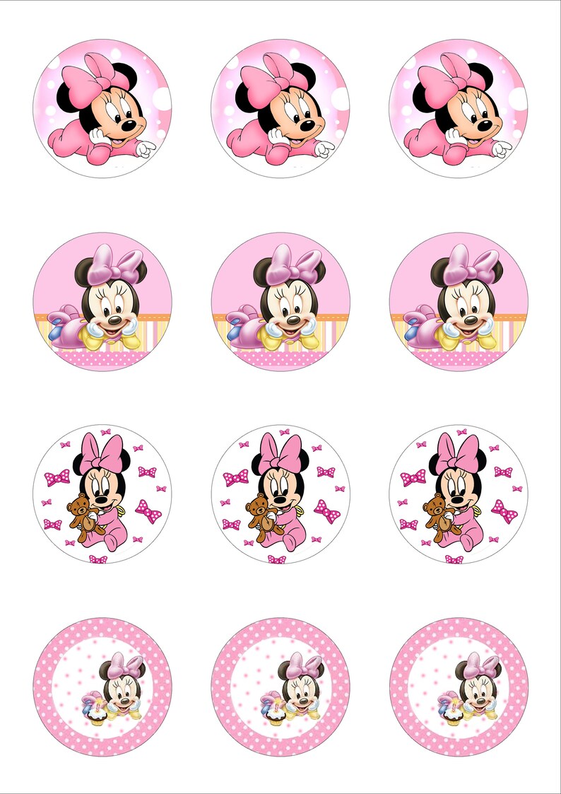 12 Cute Baby Minnie Mouse Edible Wafer Paper Cupcake Cake Toppers