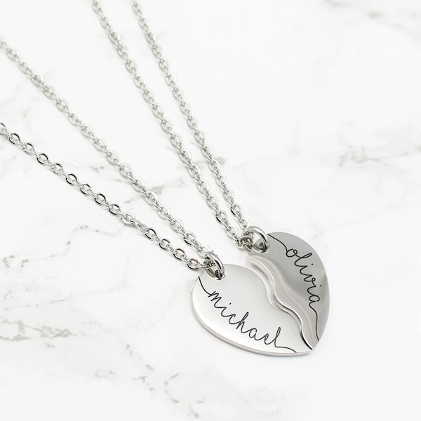 Couple Heart Necklace in Stainless Steel - Laser Engraved Name - Minimalist Couple Necklace - Matching Necklaces for boyfriend / girlfriend