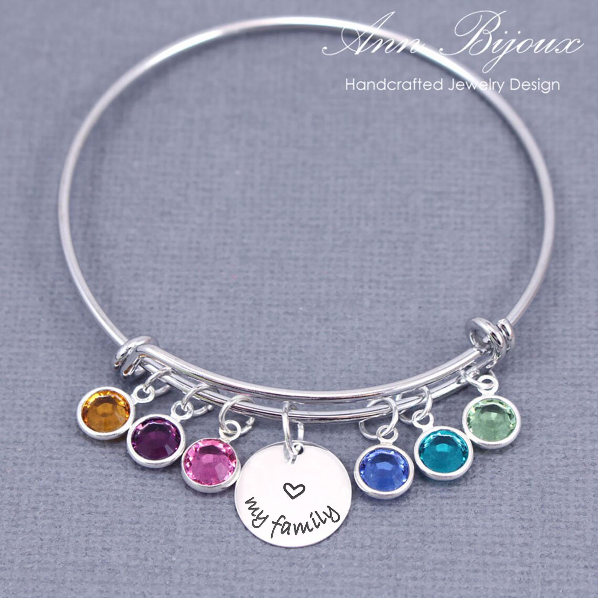 Personalized Sterling Silver Birthstone Bangle: 'Love My Family' Message Bracelet