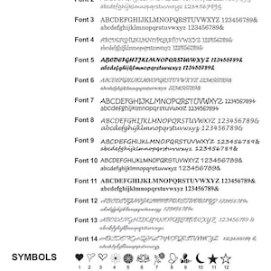 May include: A chart of 14 different fonts with uppercase and lowercase letters, numbers, and ampersands. Below the fonts is a chart of symbols including hearts, stars, a cross, an anchor, an arrow, a peace sign, and a paw print.