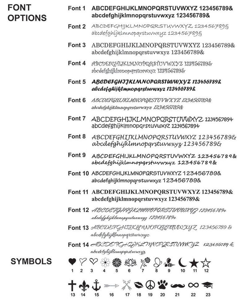 May include: A chart of 14 different fonts with uppercase and lowercase letters, numbers, and ampersands. Below the fonts is a chart of symbols including hearts, stars, a cross, an anchor, an arrow, a peace sign, and a paw print.