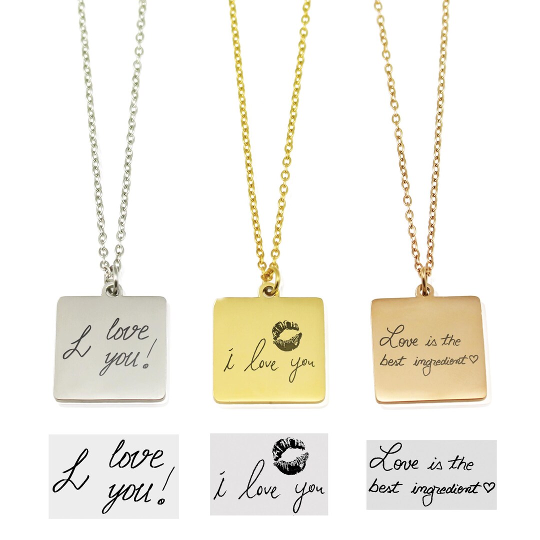 Actual Handwriting Square Necklace Mirror Polish Stainless Steel Silver