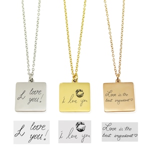 Handwriting Engraved Square Necklace: Stainless Steel Personalized Memorial Gift