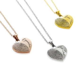 Engraved Fingerprint Heart Necklace - Stainless Steel Memorial Pendant