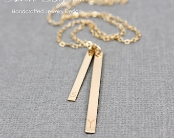 Personalized Dainty Vertical Bar Tag Gold Filled Necklace, Mixed Heights and Delicate Personalized Laser Engraved Necklace, Special Gift