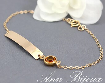 Personalisiertes Gold Filled Bar Armband: Zierliches Geburtsstein Initial ID Armband