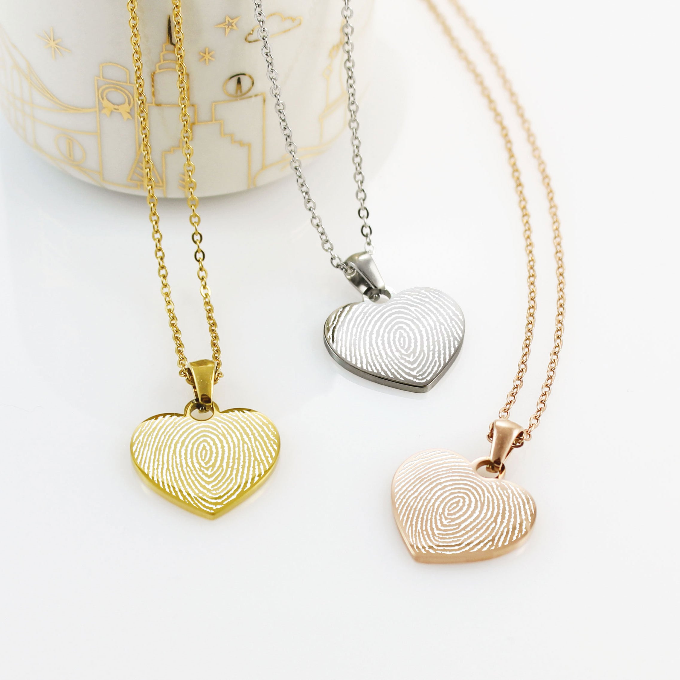 Engraved Fingerprint Heart Necklace: Stainless Steel Memorial Pendant