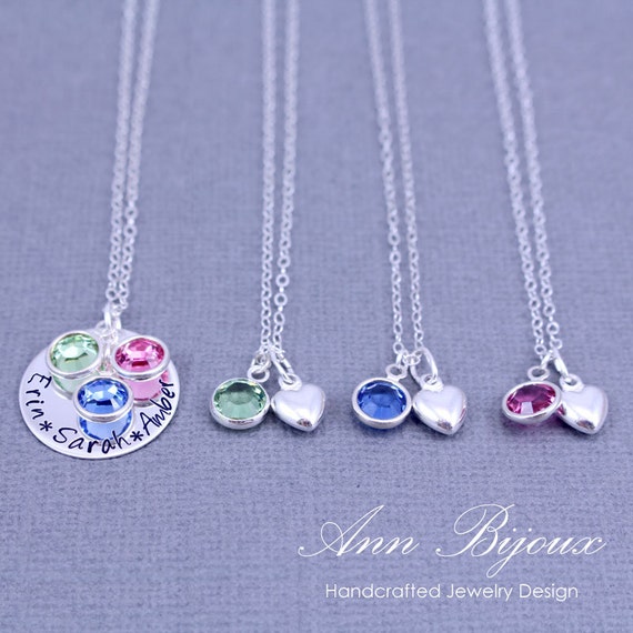 Sterling Silver Mother Daughter Necklace: Engraved Name, Swarovski Birthstone