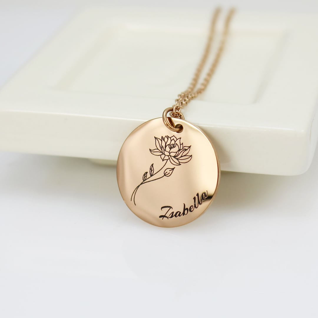 Birth Flower Necklace Engraved Birth Flower With Name Necklace Birth