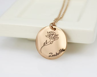 Birth Flower Necklace - Engraved Birth Flower with Name Necklace - Birth Month Flower Pendant - Gold Rose Gold Stainless Steel - Mom Gift