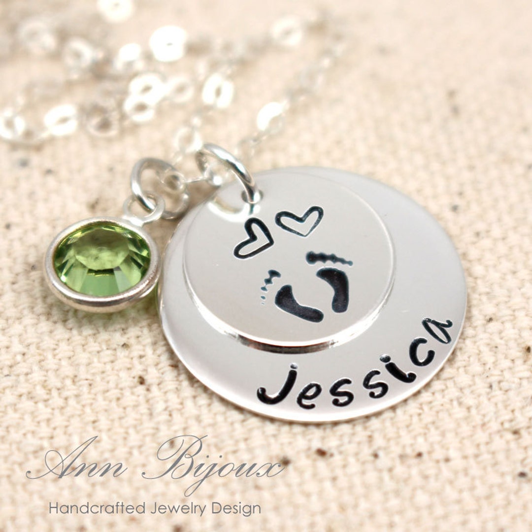 Sterling Silver Engraved Baby Footprint Necklace, Actual Baby Feet Pendant, Handprint Name