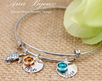 Engraved Sterling Silver Turtle Charm Bangle: Personalized Birthstone Bracelet