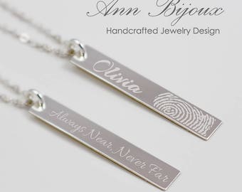 Bar Necklace - Engraved Actual Fingerprint Necklace - Thumbprint necklace - Memorial Signature Necklace - Keepsake Sterling Silver Jewelry