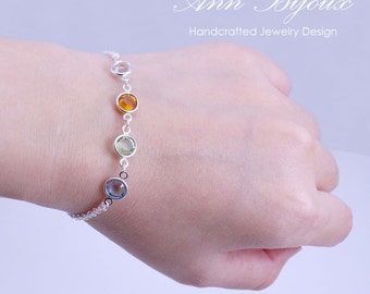 Personalized Sterling Silver Birthstone Bracelet: Cable Chain Mother&#39;s Jewelry