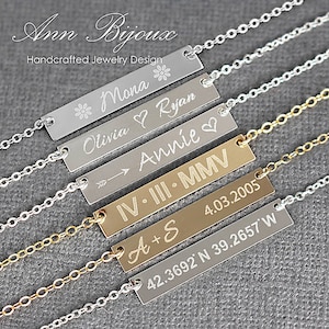 Personalized Gold Filled Bar Necklace: Engraved Name, Coordinates