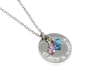 Engraved GPS Coordinates Necklace: Stainless Steel Personalized Birthstone Pendant