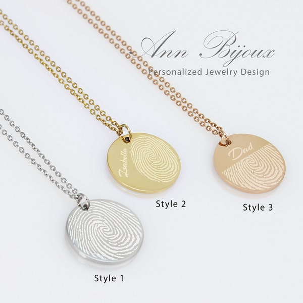 Actual Fingerprint Stainless Steel Necklace - Engraved Fingerprint Jewelry - Bereavement Present - Memorial Necklace - Handwritten Necklace