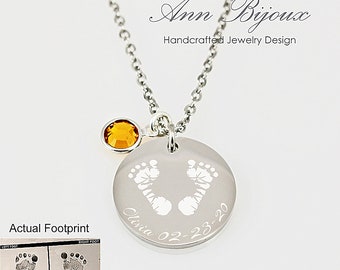 Actual footprint Necklace - Stainless Steel handprint Pendant - Baby Footprint - Personalized Memorial Gift - Crystal Birthstone Charm