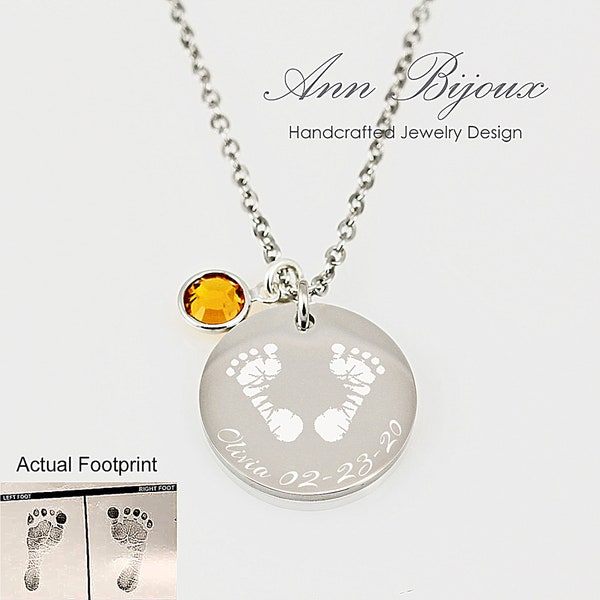 Actual footprint Necklace - Stainless Steel handprint Pendant - Baby Footprint - Personalized Memorial Gift - Crystal Birthstone Charm