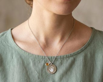 Footprint Necklace: Stainless Steel Baby Handprint Pendant, Birthstone Charm
