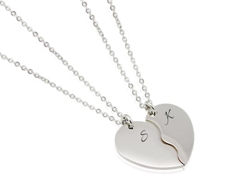 Couple Heart Stainless Steel Necklace - Engraved Initial Heart Pendant - Couple Half Heart Necklace - Boyfriend / Girlfriend Special Gift