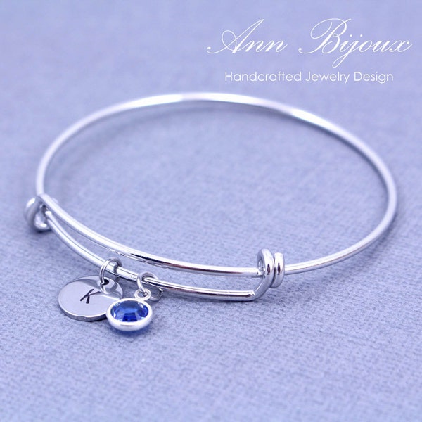 Hand Stamped Initial Adjustable Bangle Bracelet , Personalized Initial Bangle Bracelet, Mother's Bracelet, Initial Expandable Bangle