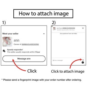 May include: A screenshot of a computer screen showing instructions on how to attach an image to a message. The instructions are numbered 1 and 2. The first instruction shows a chat window with a message button. The second instruction shows a chat window with a paperclip icon to attach an image.