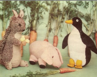 PDF Knitting Pattern, Penguin, Pig and Squirrel Toys, 4 Ply Yarn, Instant Download