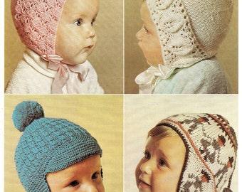 PDF Knitting Pattern, Two Baby Bonnets 0-6 Months, Two Baby Helmets 9 to 15 Months, DK/4Ply, Instant Download