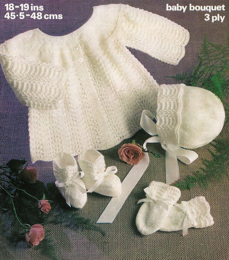 PDF Knitting Pattern, Baby Matinee Coat, Bonnet, Bootees, Mitts, 3 Ply, 45.5-48 cm PDF Instant Download image 1