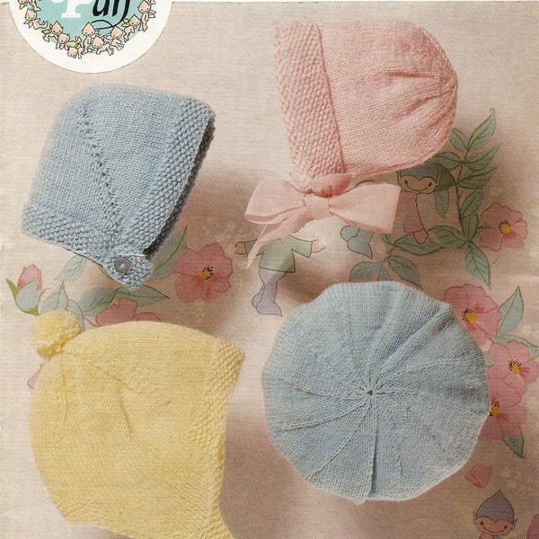 PDF Knitting Pattern, Four Baby Hats, Bonnet, Beret, Helmets, Size 12" /17", DK, PDF Instant Download
