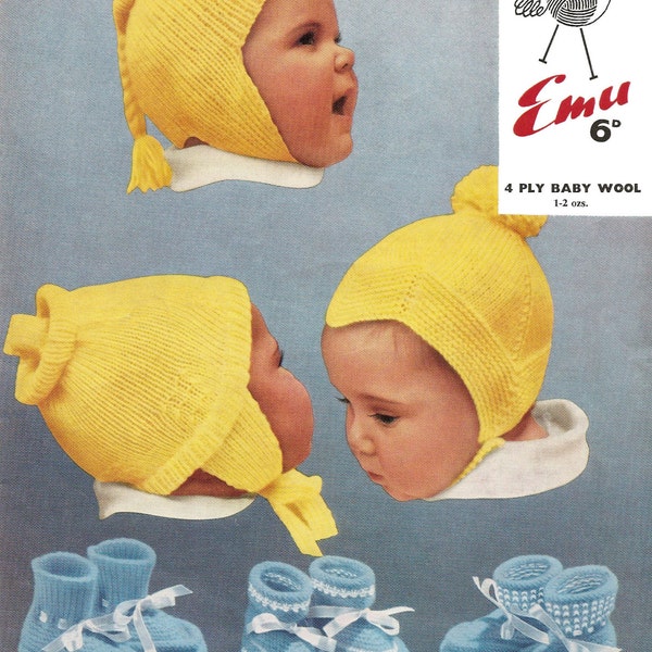 PDF Baby Knitting Pattern, Hats & Bootees, Size 1 to 12 Months  4Ply,  Instant Download