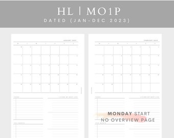 half letter planner inserts | MO1P 2023 | monthly | planner printable | HL disc-bound | plan2create discs planner insert