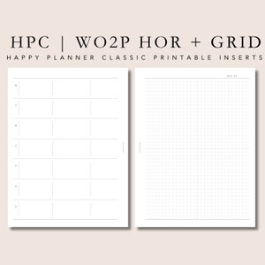 Peut inclure: Feuilles de planificateur imprimables pour le Happy Planner Classic. Le côté gauche présente une disposition horizontale hebdomadaire avec des espaces pour chaque jour de la semaine. Le côté droit est une page quadrillée.