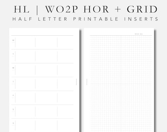 Half Letter Planner Inserts: WO2P Horizontal + Grid (Printable PDF)