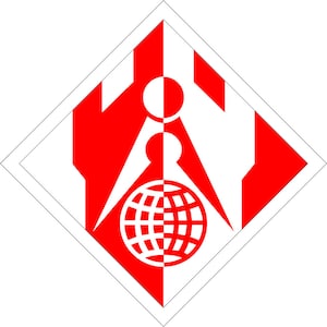 Op de afbeelding: Een rood en wit ruitvormig symbool met een wereldbol in het midden. De wereldbol wordt omringd door twee witte cirkels en een witte driehoek.