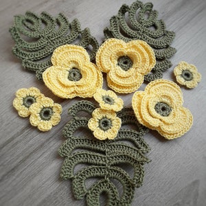 Crochet Flower Appliques: Yellow Daisies & Sage Leaves, Set of 12