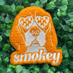 Könnte beinhalten: Orangefarbener, gestickter Aufnäher mit einem Hund mit herzförmiger Sonnenbrille. Das Gesicht des Hundes ist weiß mit orangefarbenem Fell. Das Wort "smokey" ist in weißer Schrift gestickt. Auf grünem Laub.