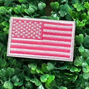Può includere: Toppa ricamata raffigurante la bandiera americana. La toppa presenta un design a strisce rosse e bianche con un campo di stelle bianche su sfondo blu. La toppa rettangolare ha un bordo argentato ed è ambientata su uno sfondo di fogliame verde.
