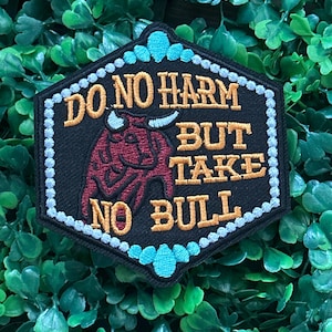 May include: Hexagonal embroidered patch with the text "DO NO HARM BUT TAKE NO BULL" in gold lettering. The patch features a red bull illustration on a black background, framed by a white border and turquoise accents.