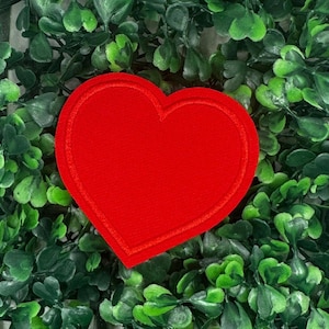 Puede incluir: Un corazón de fieltro rojo con un contorno cosido blanco, sobre un fondo de follaje verde.