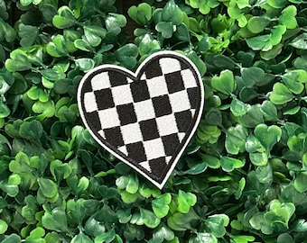 Black and White Checkered- Heart - Iron on Patch