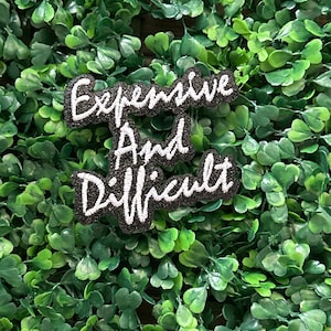 Op de afbeelding: Een zwarte patch met witte geborduurde tekst die "Expensive And Difficult" luidt, wordt getoond tegen een achtergrond van groen kunstmatig gebladerte. De patch heeft een getextureerd uiterlijk, met de woorden in een cursieve stijl.