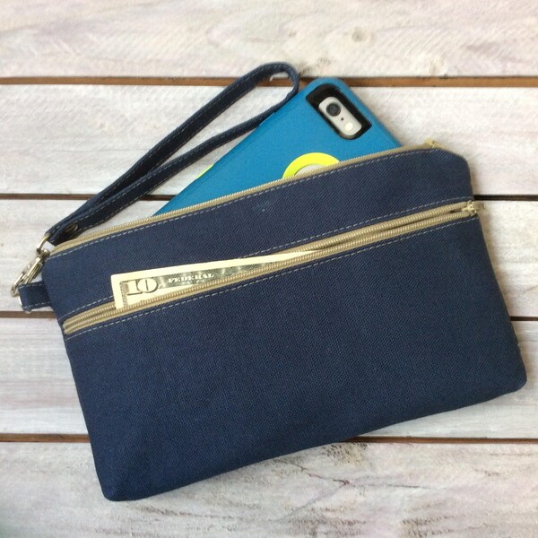 Wristlet; Navy Wristlet Wallet; Zipper Pouch; iPhone 7 Plus Wristlet; Cell Phone Purse; Phone Wallet; Phone Case; Wallet Case