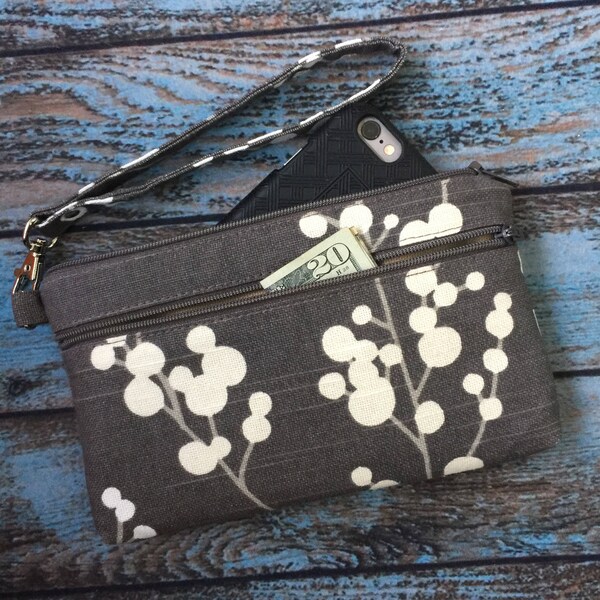 Wristlet; Gray Evelynne Wristlet Wallet; Phone Wallet; Zipper Pouch; iPhone 7 Wristlet; Cell Phone Purse; Phone Case; Wallet with Strap