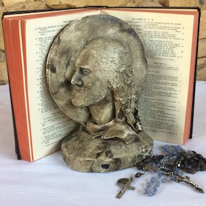 Jesus Christ Figurine, French Antique Signed Plaster Bust, Catholic Gifts