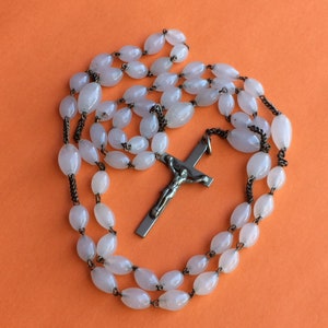 Antique Silver Rosary with White Glass Beads, Catholic Gifts