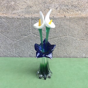 Murano Flower Vase With Two Glass Lilies, Italian Art Glass