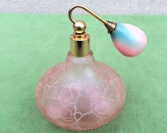 Pink Perfume Bottle, Crackled Glass Atomizer in Good Working Order, Found And Flogged