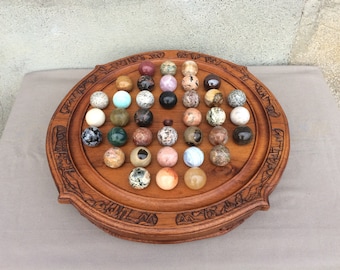 Very Large Handmade Solitaire Game with Semi Precious Stone Marbles, Decorative Board Game, Found And Flogged
